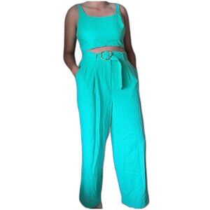 House of Harlow Women's Two Piece Seafoam Green Linen Jumpsuit with Belt Size L
